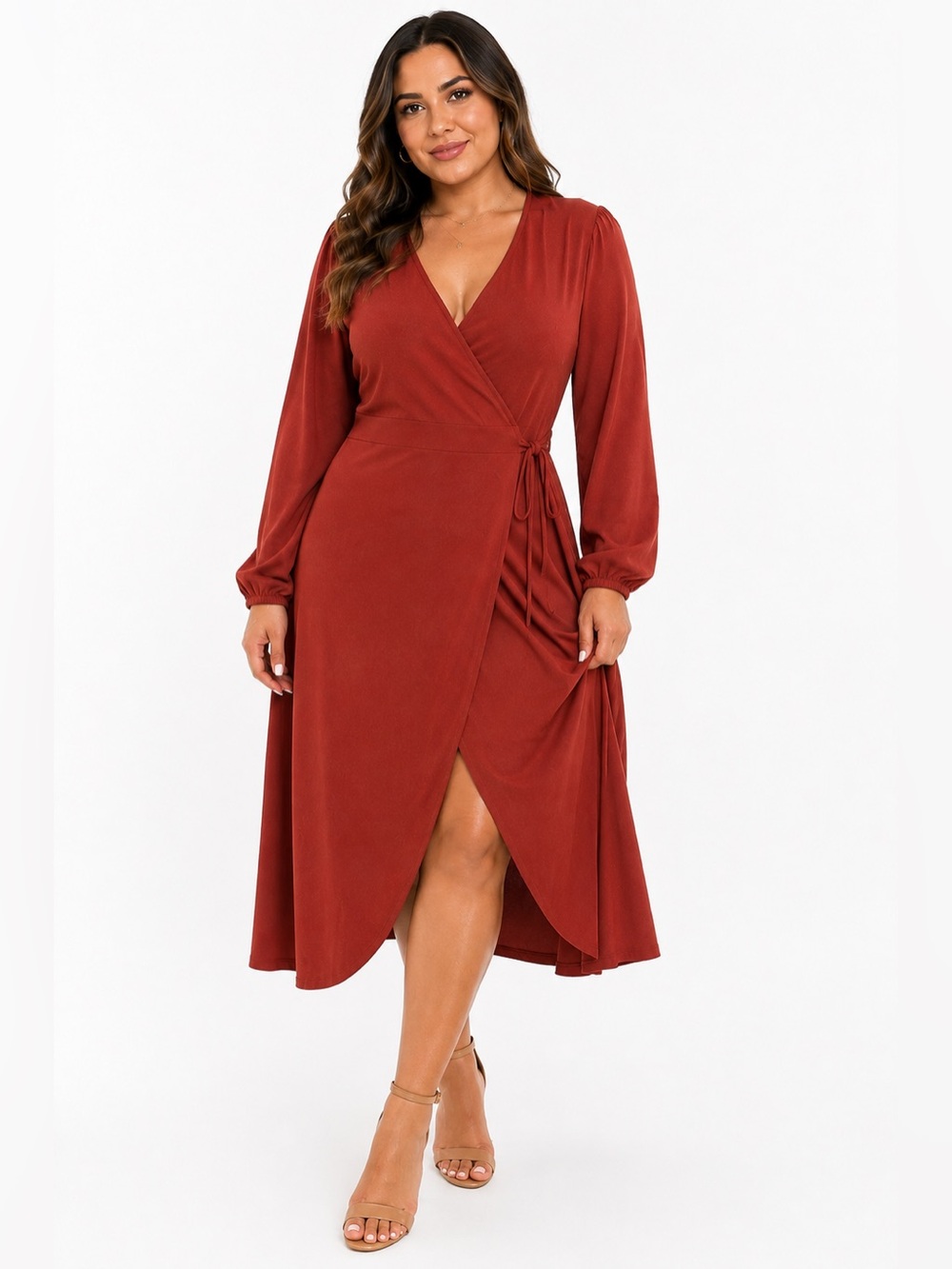 City Chic Women’s Plus XL/22 Rust Wrap Midi Dress V-Neck Long Sleeve